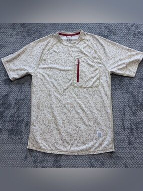 Topo Designs Men's Tech Tee with Zippered Pocket - Tan Pattern Size Medium